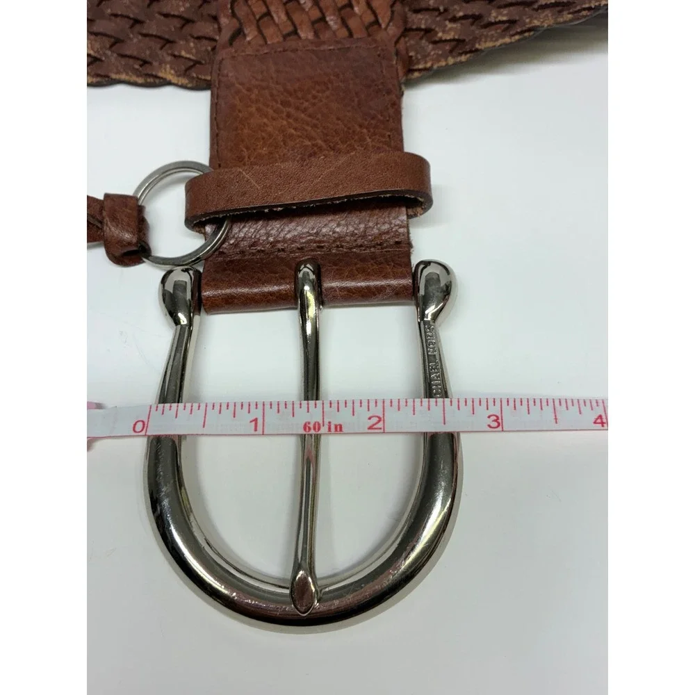 MICHAEL M Kors Brown Braided Leather Belt M Boho Woven Silver MK Charm Wide